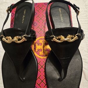 Tory Burch Black Sandals with Gold Chain Detail